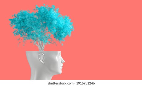 The Concept Of Self-knowledge, Meditation And Personal Growth. The White Head Of A Woman In The Form Of A Flower Pot From Which A Tree Grows. 3d Illustration