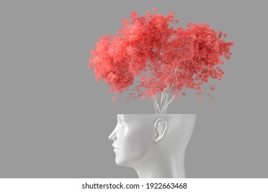 The concept of self-knowledge, meditation and personal growth. The white head of a woman in the form of a flower pot from which a tree grows. 3d illustration