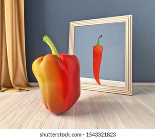 Concept of self-perception and self-vision, interior of a room with sweet pepper in front of a mirror and chili pepper in reflection, 3d illustration