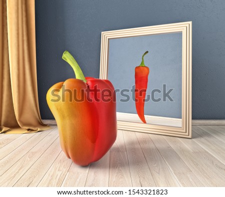Concept of self-perception and self-vision, interior of a room with sweet pepper in front of a mirror and chili pepper in reflection, 3d illustration