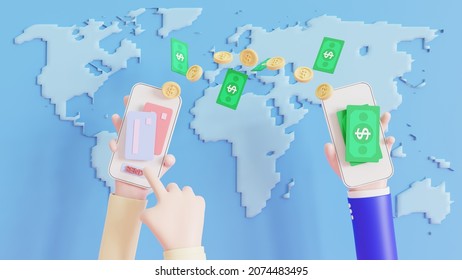 Concept Of Sending Money Around The World, Money Transfer, Online Banking, Financial Transaction. 3D Illustration