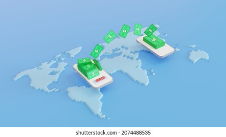 Concept Of Sending Money Around The World, Money Transfer, Online Banking, Financial Transaction. 3D Illustration