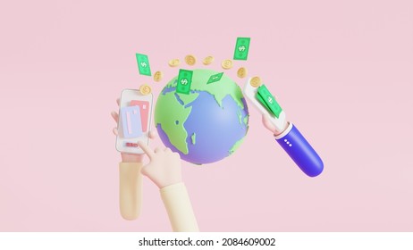 Concept Of Sending Money Around The World, Money Transfer, Online Banking, Financial Transaction. 3D Illustration