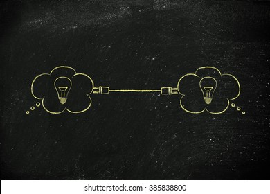 Concept Of Sharing Knowledge: Thought Bubbles With Lightbulb Connected With A Plug