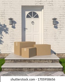 Concept Of Shopping Online, Electronic Commerce. Contactless Delivery, Touch Free Shipping, Boxes, Parcels At The Porch Door, Safe Order Or Delivery From Online Shop. 3D Rendering - Illustration.