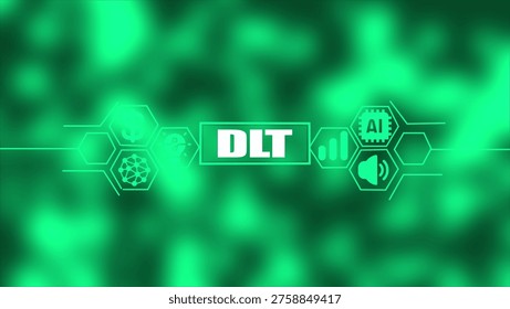 Concept showing digital of dlt with interconnected hexagonal for ai money lightbulb network and sound on a blurred green background keywords: dlt, distributed, ledger,...