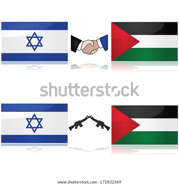 Concept showing the
flags of Israel and Palestine divided by weapons or a handshake,
signifying war and
peace