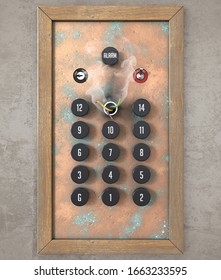 A concept showing an old retro elevator control panel with a missing, smoking and broken thirteenth floor - 3D render