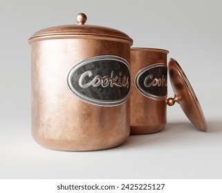 A concept showing two copper cookie jar tins with a metal embossed label on a white studio background - 3D