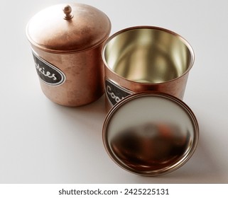 A concept showing two copper cookie jar tins with a metal embossed label on a white studio background - 3D