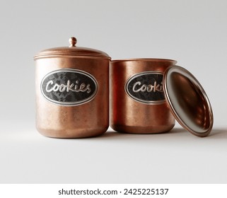 A concept showing two copper cookie jar tins with a metal embossed label on a white studio background - 3D