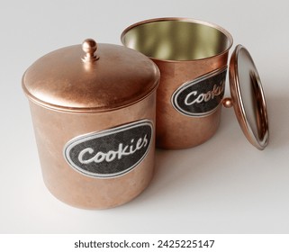 A concept showing two copper cookie jar tins with a metal embossed label on a white studio background - 3D