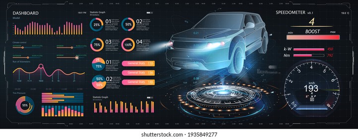 Concept of smart car technology. Car isometric hologram, in HUD style. Electric auto. Hologram car in low poly style. Futuristic car concept with dashboard speedometer, diagnostics. ( HUD, GUI, VFX )