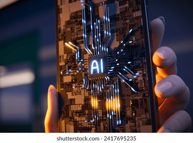 Concept of smartphones with implemented AI technology. Animation showcasing a smartphone held in a female hand, with an animated AI CPU appearing on the screen. 3d render