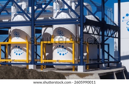 concept of a SMR small modular nuclear reactor power plant on a sunny day. SMR is a future energy concept. 3d rendering.