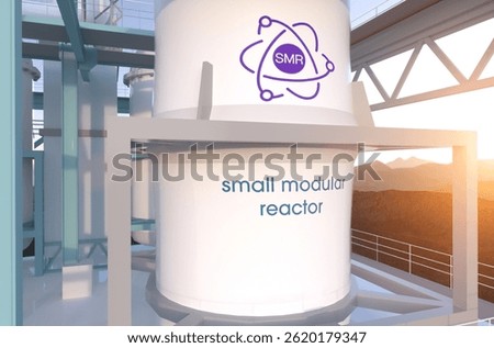 concept of a SMR small modular nuclear reactor power plant on a sunny day. SMR is a future energy concept. 3d rendering.