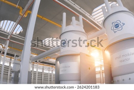 concept of a SMR small modular nuclear reactor power plant on a sunny day. SMR is a future energy concept. 3d rendering.