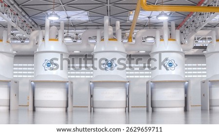 concept of a SMR small modular nuclear reactor power plant on a sunny day. SMR is a future energy concept. 3d rendering.