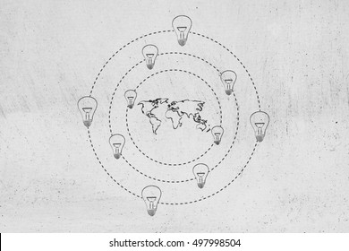 concept of solutions and ideas for an hyper-connected world: lightbulbs revolving around a map of the globe