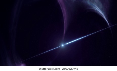 Concept of spinning pulsar in space nebula emitting high energy gamma ray bursts. 3D illustration depicting blinking radiation flares of a magnetar or neutron star core in interstellar gas in cosmos.