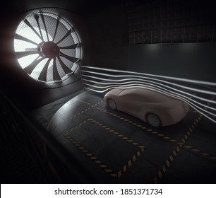 Concept Sports Car Inside Aerodynamic Wind Tunnel. 3D Illustration.