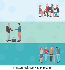 Concept of startups three horizontal drawn cards on light and dark blue background. raster illustration of development plan in office, partnership and conclusion of deal, teamwork banners with people