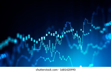 Concept of stock market and fintech. Blurry blue digital charts over dark blue background. Futuristic financial interface. 3d render illustration.