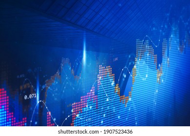 Concept of stock market and fintech forex concept. Blurry blue digital charts over dark blue background. Futuristic financial interface. 3d render illustration. City double exposure