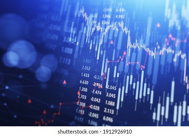 Concept of stock market and fintech forex concept. Blurry blue digital charts over dark blue background. Futuristic financial interface. 3d render illustration.