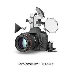 Concept studio. Photography Studio Equipment located near the camera on a white background. 3D illustration