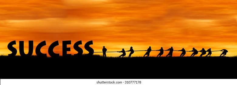 Concept Success And Team Work, The Fight Between Success And People Sunset Background