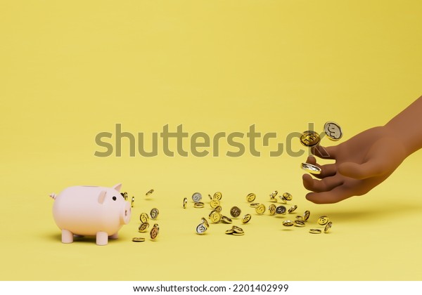 the concept of\
taking money from storage. a hand taking coins of dollars from the\
piggy bank. 3D\
render.