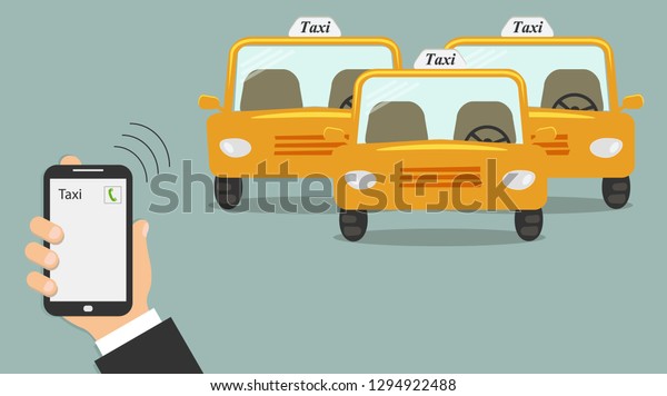 Concept of taxi services. Mobile\
phone in male hand with a taxi call on the screen. Three yellow cab\
without a taxi driver - taxi station. Raster\
illustration