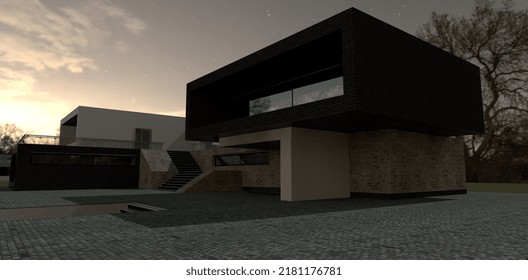 The Concept Of A Technological Country House With A Flat Roof. Smooth Lines. Staircase Leading To Spacious Roof Terrace. Night View. 3d Render.