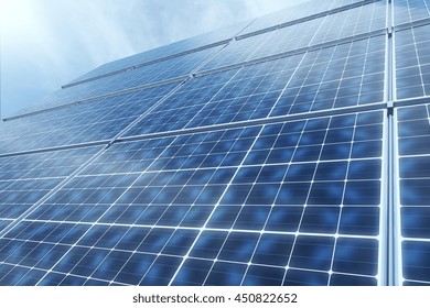 Concept Of Technology Innovations In Energy Sector. 3D Rendering Of Solar Panels Against Blue Sky. Power Plant Using Renewable Solar Energy