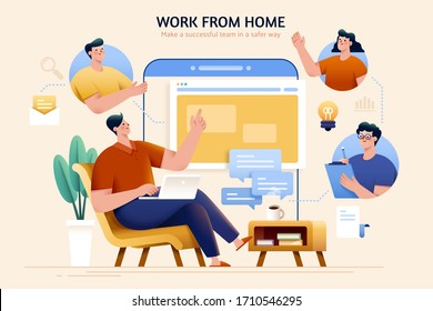 Concept Of Telecommuting And Work From Home, Designed With A Team Discussing Wonderful Ideas Through Online Meeting And Maintaining Their Productivity