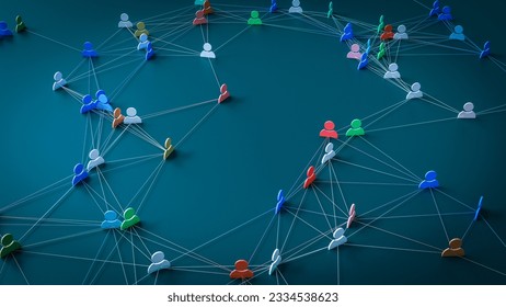 A concept that expresses the hyper-connected society of modern society by connecting people icons with lines, 3d rendering.