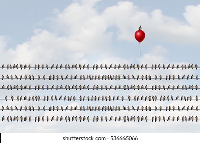 Concept To Think Different As A Group Of Birds On A Wire With An Upward Moving Bird On A Red Balloon As A Business Success Metaphor Of Thinking And Game Changer Symbol With 3D Illustration Elements.