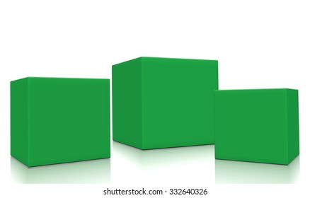 Concept of three 3d green boxes isolated on white background. Rendered illustration. - Shutterstock ID 332640326