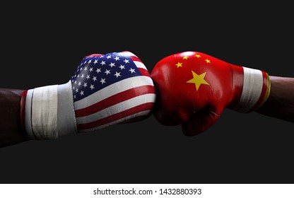 Concept Of Trade War Between USA And China. 3d Illustration Two Boxer Fighting US And China Flag Trading Punches For The Concept: Trade War.