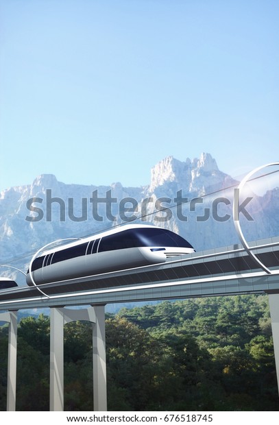 Concept of\
train moving in a vacuum tunnel across landscape with mountains.\
Modern transport. 3d rendering\
illustration