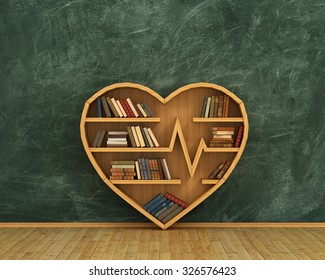 Concept Of Training. Wooden Bookshelf Full Of Books In Form Of Heart On The Blackboard Background. Science About Human. Medicine. A Human Have More Knowledge About Health.