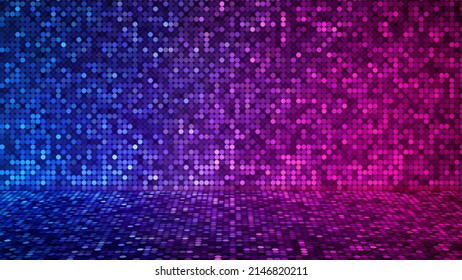 Concept of transmitting information over the Internet 5G. 3D rendering Neon Background.Elegant modern glowing catwalk cyclorama of purple pink blue. Square shaped elements.