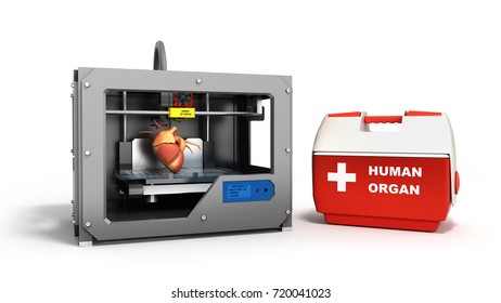 concept of transplantation process of creating human hearts using 3D printer illustration isolated on white background