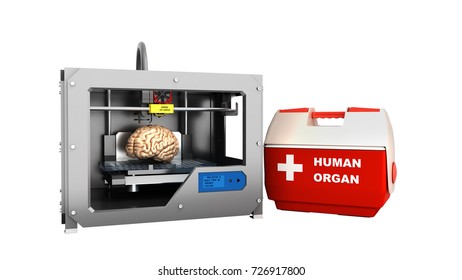 concept of transplantation process of creating human brain using 3D printer illustration isolated on whiye no shadow
