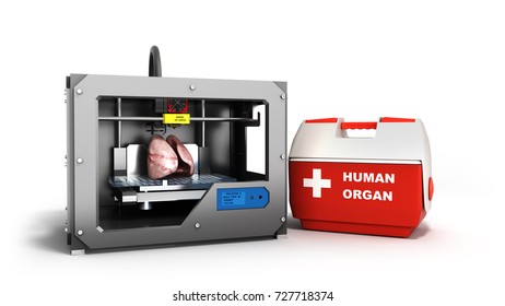 concept of transplantation process of creating human organs using 3D printer illustration isolated on white