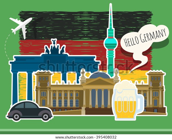Concept of travel or
studying German. Hand drawn German flag with landmarks. Flat
illustration