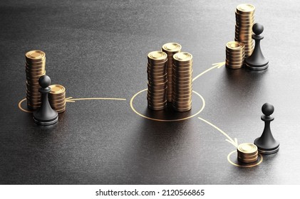 Concept Of Unequal Distribution Of Income. 3D Illustration Of Generic Golden Coins And Pawns Over Black Background.