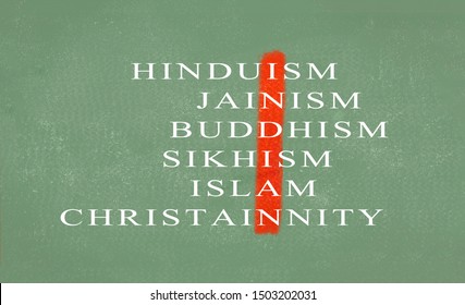 Concept Of Unity In Diversity Of India Showing With Different Religions On Green Chalkboard