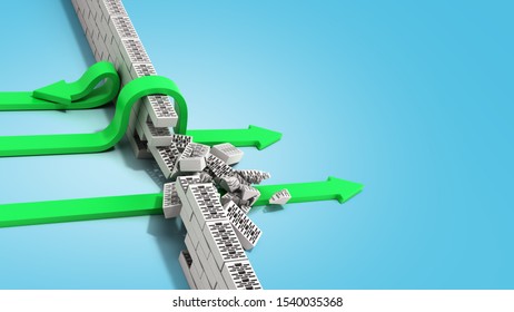 concept of various solutions to problems green arrows break through the wall or jump over the wall or turn around 3d render on blue gradient